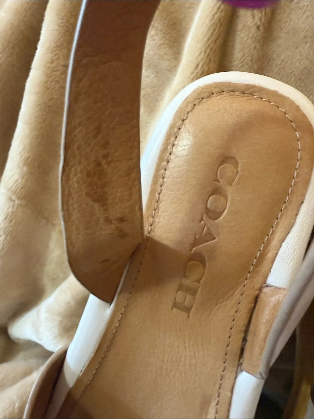 Coach Astor Cream Leather Wood Platform Sandal with Stud Accents